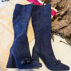 Tory Burch Navy Suede Over-the-Knee Boots with Chain Detail
